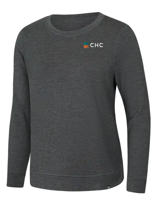 TravisMathew Womens Dark Grey Heather Lightweight Long Weekend Crew w/CHC Logo