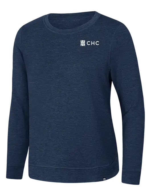 TravisMathew Womens Dark Slate Blue Heather Lightweight Long Weekend Crew w/CHC Logo
