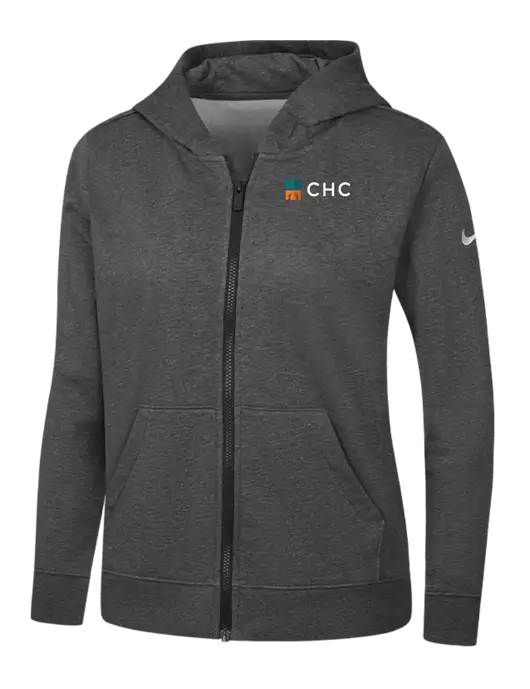 Nike Womens Club Fleece Sleeve Swoosh Full-Zip Charcoal Heather Hoodie w/CHC Logo