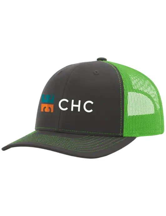 Richardson Adjustable Snapback Original 112 Trucker Cap Charcoal Grey w/Neon Green Mesh w/CHC Logo